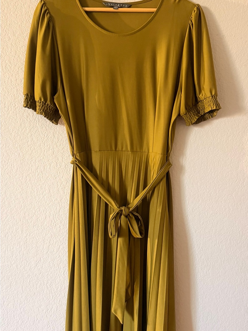 Sharagano Olive Green Pleated Waist-Tie Maxi Dress